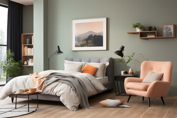 An airy bedroom boasting a soft peach wall, a minimalist charcoal-gray armchair, and pops of forest green in the accent pieces, emanating tranquility.
