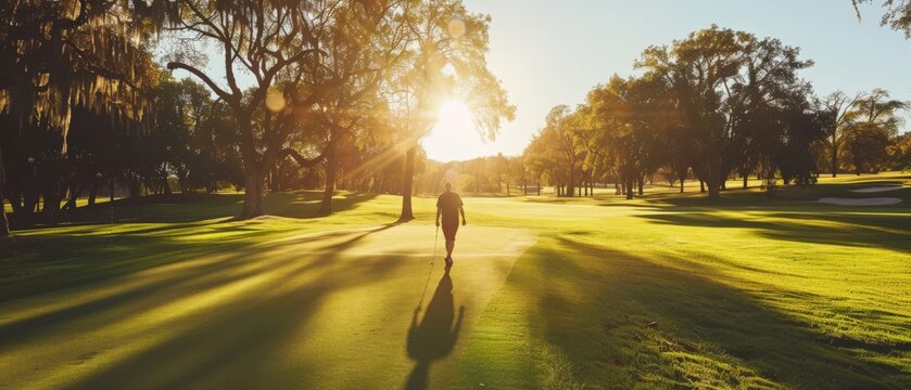 The photo shows a person walking down a tree-lined path on a golf course. The sun is shining through the trees.