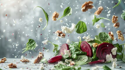Floating Chef's Salad Ingredients for Modern Advertising - Beet Slices, Spinach Leaves, Goat Cheese, and Walnuts Against Grey Background