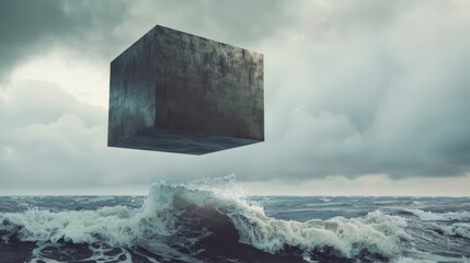 Concrete cube in a stormy sea for abstract or futuristic designs