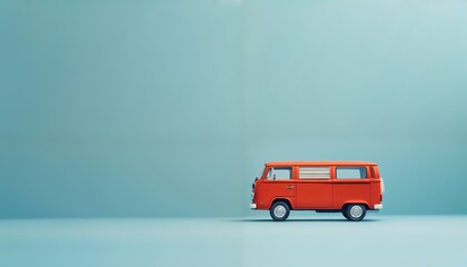 Miniature electric toy van on powder blue background with copy space