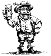 Naklejka premium Cartoon illustration of a man wearing lederhosen and holding a beer stein. Octoberfest concept 