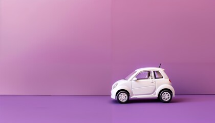 Modern electric toy hatchback on plum purple background with copy space