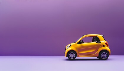 Modern electric toy hatchback on plum purple background with copy space
