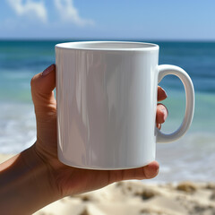 someone holding a white coffee mug in front of the ocean