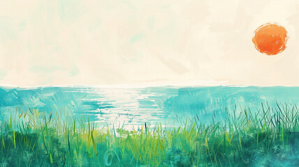 A beautiful green pasture with a large sun in the sky and a calm ocean. 