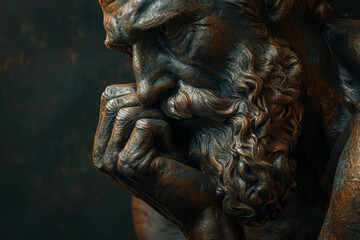 Ancient Bronze Statue of a Bearded Man in Thoughtful Pose Lit by Dramatic Lighting