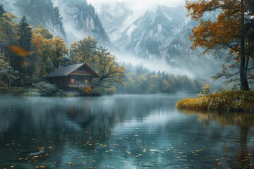 Fototapeta premium Lake Below Snowy Mountains and Cozy Cottages