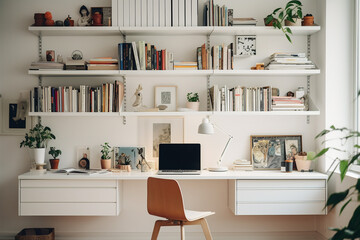 An airy home office setup with a light-hued desk, a simple chair, and floating shelves exhibiting a collection of vivid books and artistic decor.