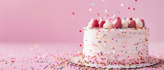 A sprinklecovered background with a creative cake