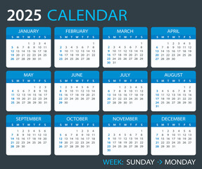 2025 Calendar - vector template graphic illustration - Sunday to Monday