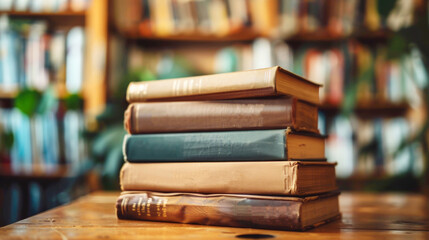 Stack of books on a wooden table.