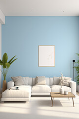 An airy living space with a sky-blue accent wall, a modern beige sectional sofa, and a blank white frame as the centerpiece