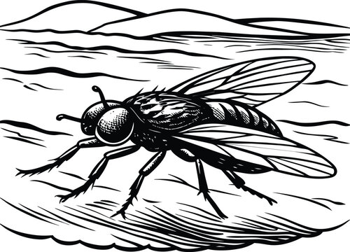 A fly craw linocut. Hand drawn sketch of fly. Retro realistic animal isolated. Vintage style. Doodle