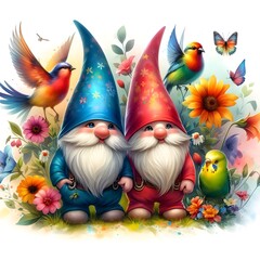A painting of Gnomes with colorful hats and birds in a garden with flowers.