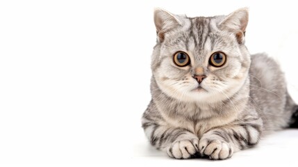 Fototapeta premium A cat is laying on a white background with its eyes wide open