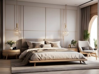A modern and minimal bedroom, interior bedroom design.
