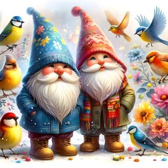 Gnomes wearing bright hats mingle with chirping birds in a garden filled with colorful flowers.
