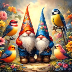 Chirping birds and gnomes sporting colorful hats reside in a garden brimming with flowers.