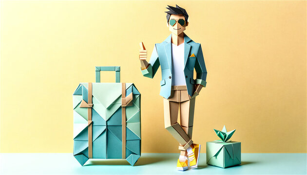 Stylish Traveler with Luggage &ndash; Artistic Paper Craft Figure of a Man in Sunglasses and Casual Outfit, Giving Thumbs Up, Standing Next to Suitcase and Small Plant in Minimalist Setting