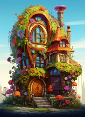 cartoon house with a garden and a tower on a hill