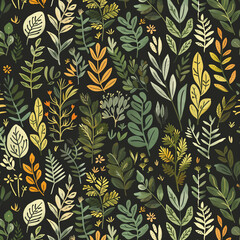 a close up of a pattern of leaves and flowers on a black background