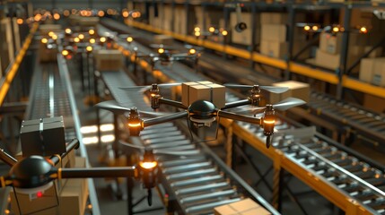 Warehouse drone fleet hovering above an intricate conveyor system, scanning and delivering parcels