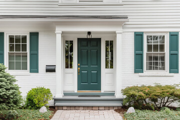 A front door detail of a white brick home with a green front door and shutters, black light fixtures, and a covered porch with white pillars.