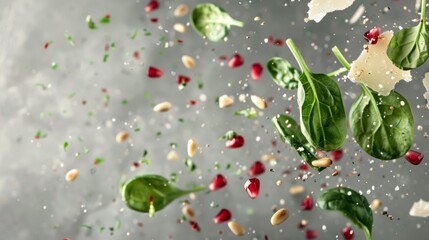 Fresh Spinach Salad with Shaved Parmesan, Pine Nuts, and Pomegranate Seeds on Monochromatic Gray Background for Print or Menu Design