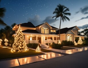 lights and decorations on tropical suburban house exterior at night, winter holiday seasonal decor