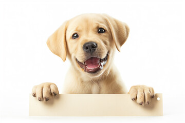 puppy holding a sign with his paws on it