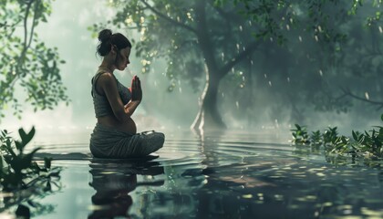 A woman is sitting in a body of water, meditating by AI generated image