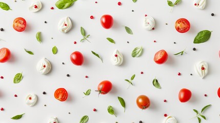 Fresh Caprese Salad Ingredients Floating in Minimalist Pattern for Modern Culinary Design