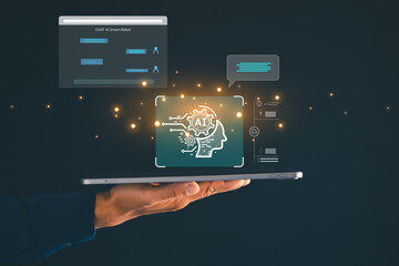 Chat AI Technology Artificial Intelligence A person using smart robot technology, AI, artificial intelligence, by giving commands to create something. 