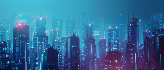 A futuristic cityscape with towering skyscrapers made of intricate digital circuit patterns