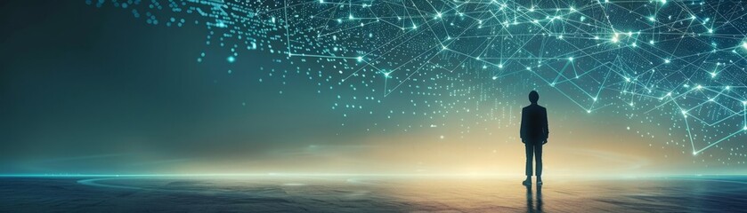 Navigating complex systems, a lone figure stands before a vast network of glowing data, symbolizing modern challenges