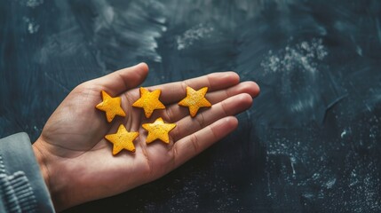 A hand holding five yellow stars, The best excellent business services rating customer experience concept