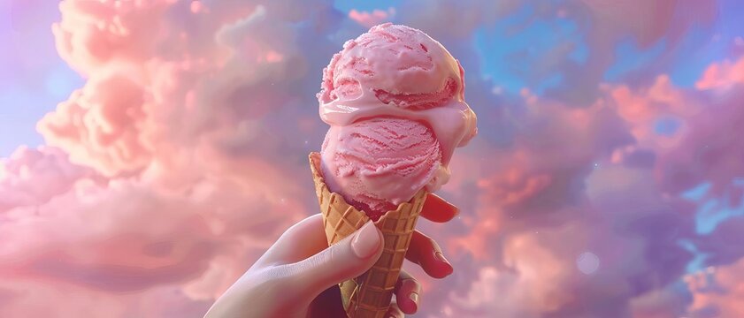 A digital painting of a hand holding a waffle cone with a double scoop of ice cream