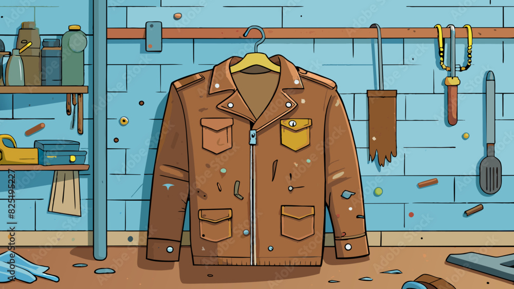 Aufkleber a battered leather jacket with frayed edges and patches of faded color hung on a coat hook in a clut