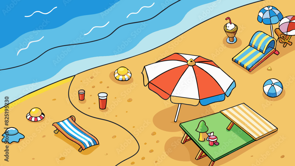 Poster A beach with soft golden sand crashing waves and a stretch of colorful umbrellas and towels where people are sun and playing games.. Cartoon Vector.