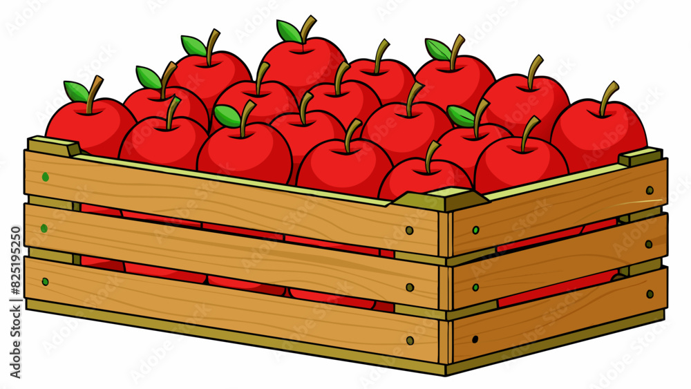 Poster A batch of ripe juicy red apples stacked in a wooden crate at a farmers market. Each apple is uniform in size and has a smooth shiny surface with a. Cartoon Vector.