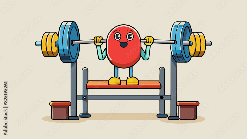 Poster A bench press is a weightlifting machine with a flat bench and a barbell used to build strength in the chest arms and shoulders.. Cartoon Vector.