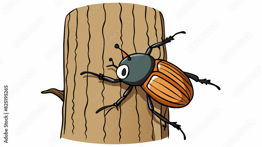 Poster A beetle moves slowly up a tree trunk its tiny legs gripping the rough bark as it crawls. The beetles body is round and shiny with a hard black shell.. Cartoon Vector.