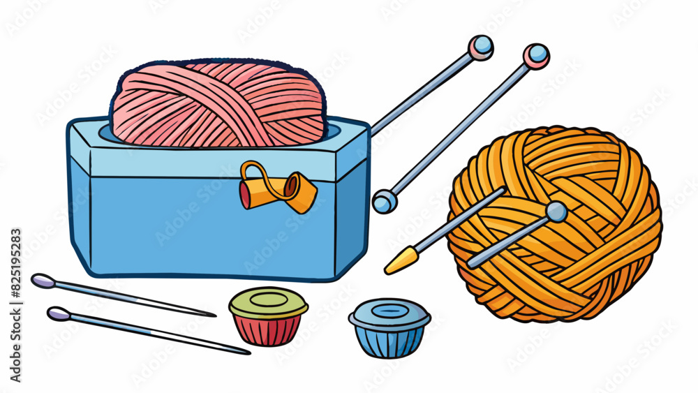 Poster A beginners knitting kit with chunky yarn and large needles designed to be easy for new knitters to use.. Cartoon Vector.