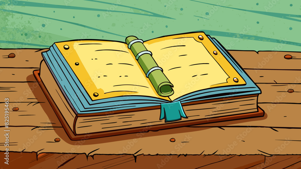 Poster A book sits open on a wooden desk its pages yellowed and worn from years of use.. Cartoon Vector.