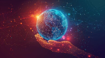 Obraz premium A human hand holding a glowing sphere of digital connections, symbolizing innovation and the power of human interaction with technology