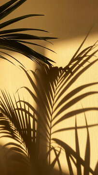 Green potted plant leaving shadow on yellow wall under sunlight