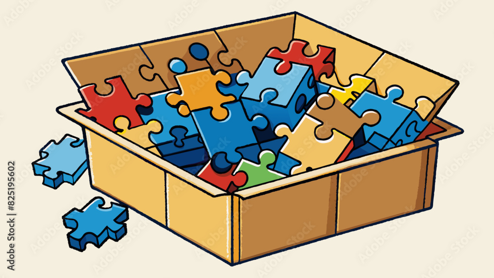 Aufkleber A box full of puzzle pieces waiting to be put together hints at the countless solutions and outcomes that can be achieved through problemsolving.. Cartoon Vector.