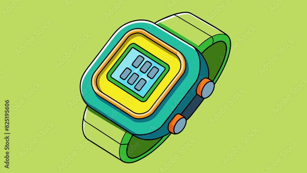 Poster A brightlycolored digital watch with a rubber s its screen displaying the current hour in bold green numbers. The watch also shows the date and has. Cartoon Vector.