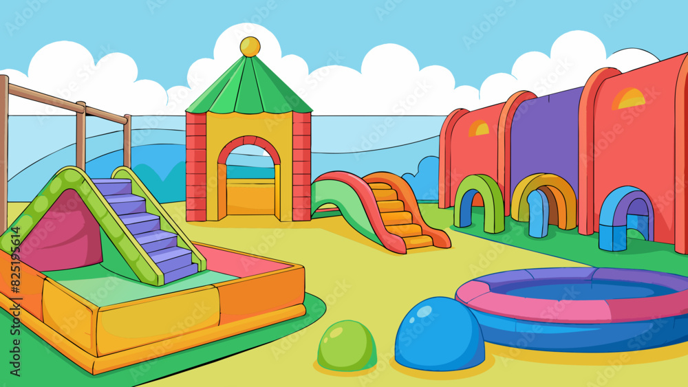 Poster a brightly colored childrens play area with soft mats covering the ground and padded walls. there ar